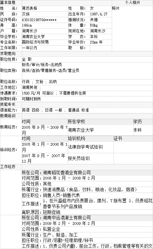 营业员个人简历文档模板